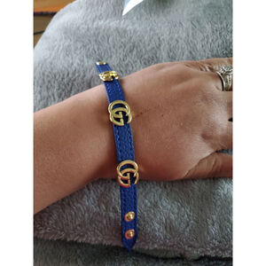 Blue Leather like cuff snap adjustable Bracelet up to size 7.5 wrist